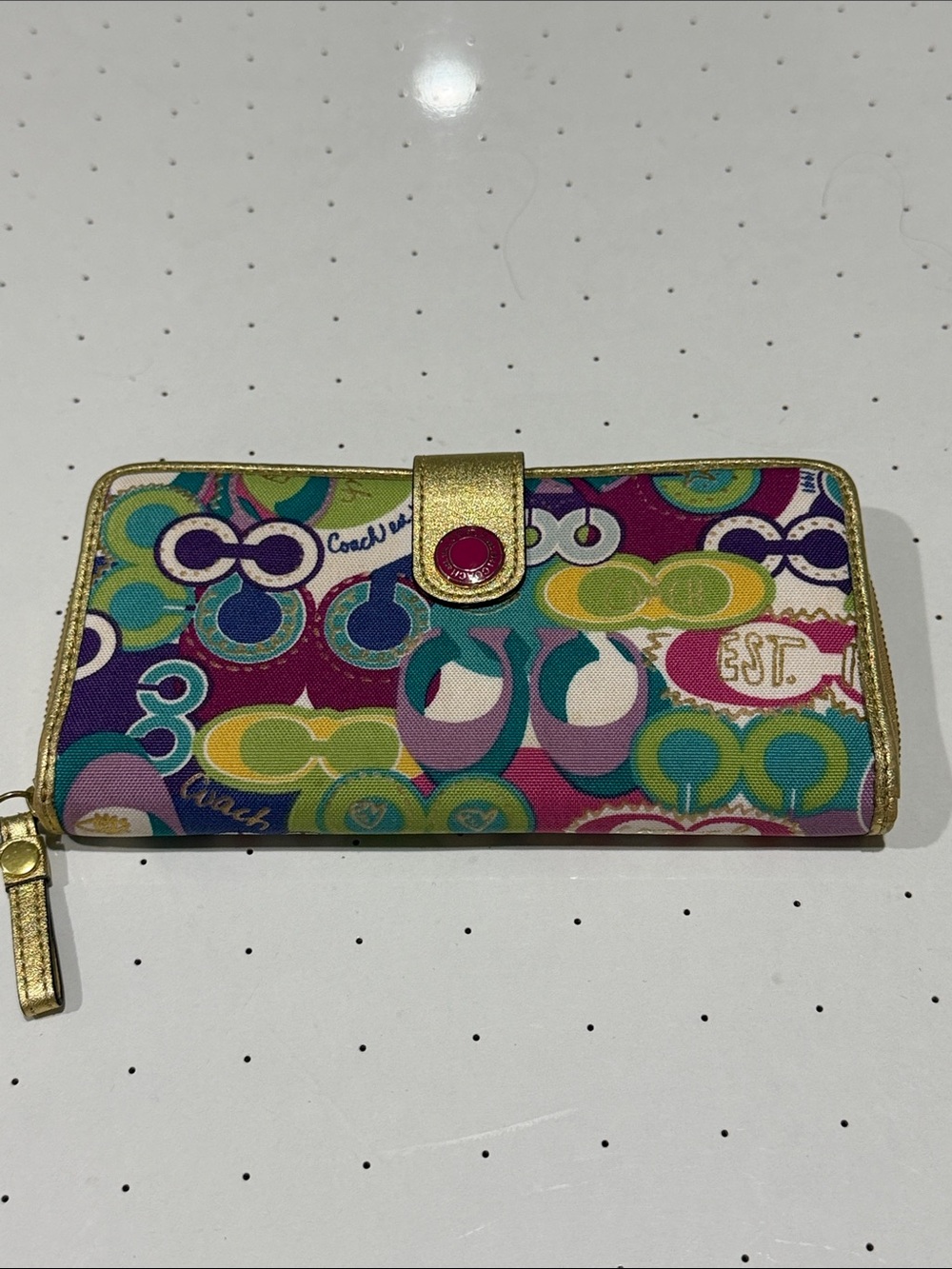 Coach Multicolor Signature Pattern Wallet with Gold Trim
